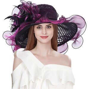 Women's Organza Church Derby Hat Wide Brim Sun Hat Fascinator Hat